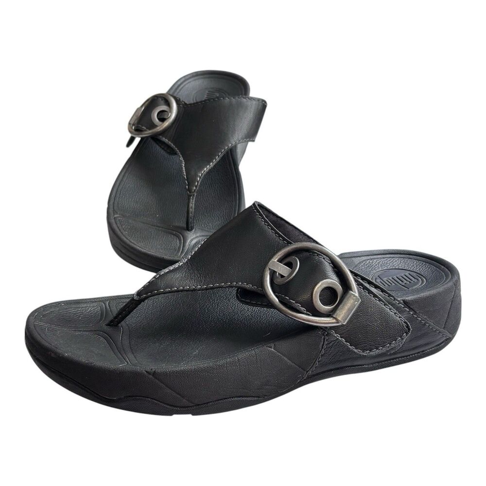 Fitflop Sandals Women’s Size 7 Black Leather Slip On With Buckle